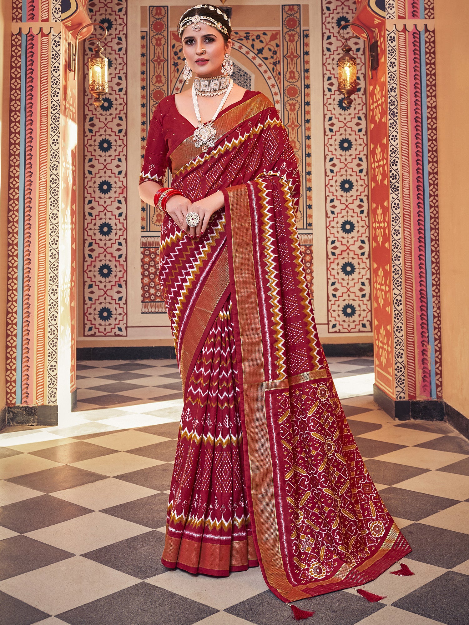 Women's Silk Blend Maroon Woven Design Designer Saree With Blouse Piece