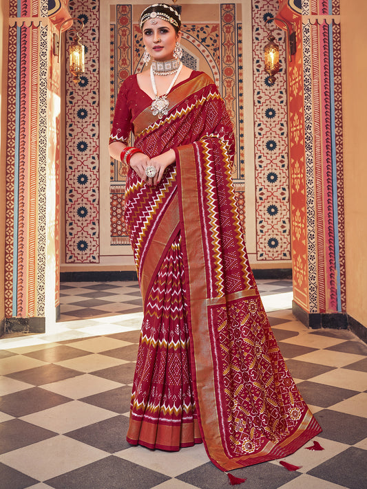 Women's Silk Blend Maroon Woven Design Designer Saree With Blouse Piece