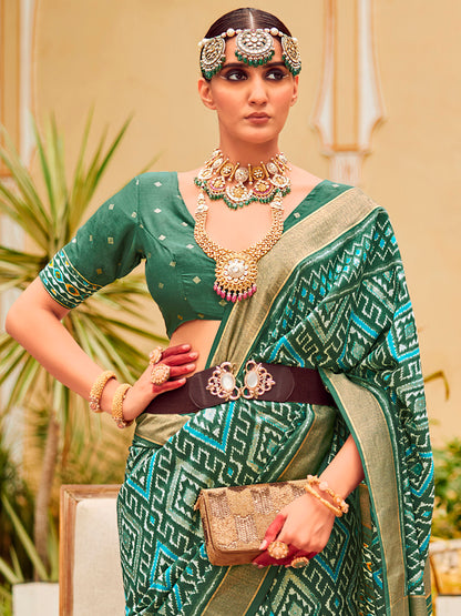 Women's Tussar Silk Sea Green Printed Designer Saree With Blouse Piece