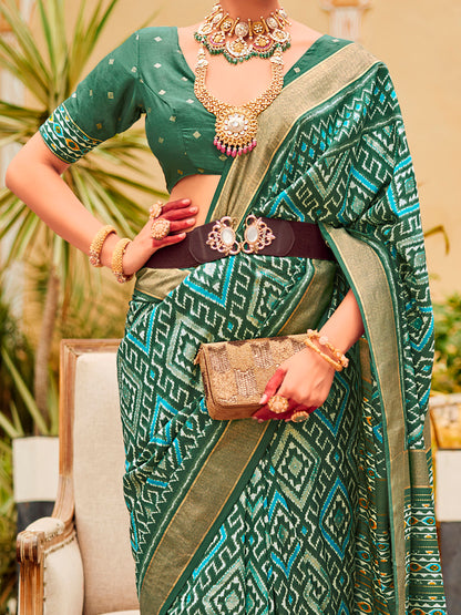 Women's Tussar Silk Sea Green Printed Designer Saree With Blouse Piece