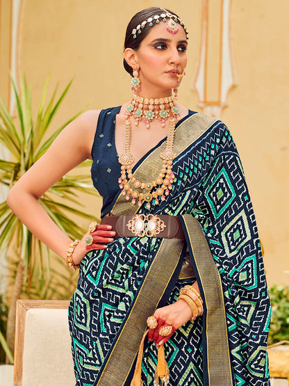 Women's Tussar Silk Navy Blue Printed Designer Saree With Blouse Piece