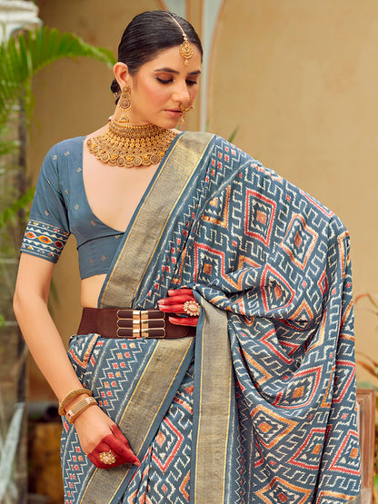 Women's Tussar Silk Grey Printed Designer Saree With Blouse Piece