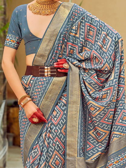 Women's Tussar Silk Grey Printed Designer Saree With Blouse Piece