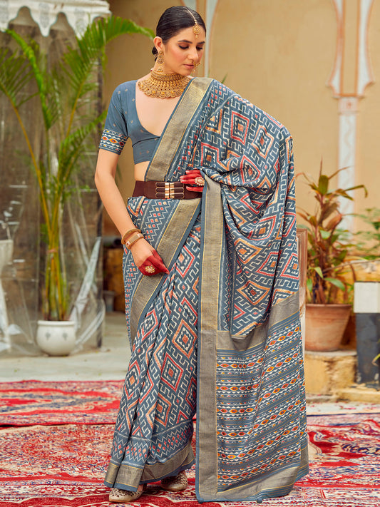 Women's Tussar Silk Grey Printed Designer Saree With Blouse Piece