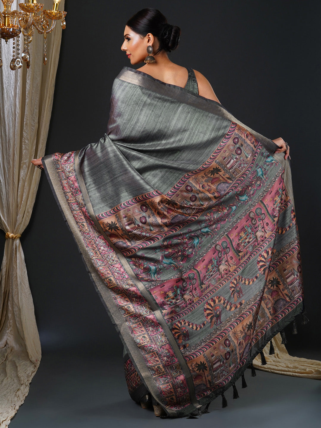Women's Mysore Silk Charcoal Grey Printed Designer Saree With Blouse Piece