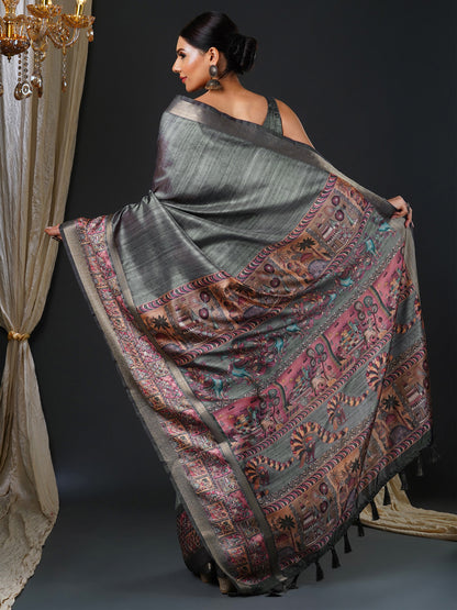 Women's Mysore Silk Charcoal Grey Printed Designer Saree With Blouse Piece
