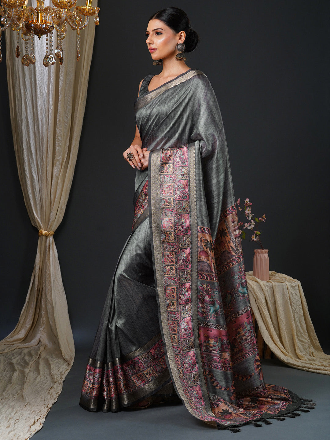 Women's Mysore Silk Charcoal Grey Printed Designer Saree With Blouse Piece
