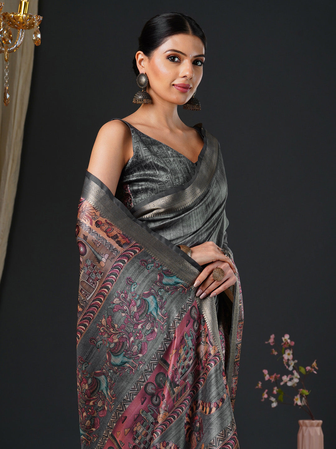 Women's Mysore Silk Charcoal Grey Printed Designer Saree With Blouse Piece