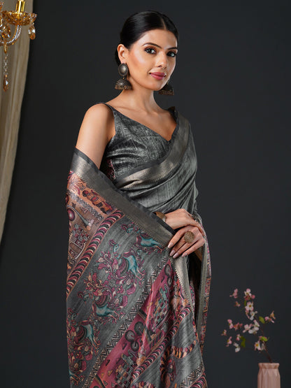Women's Mysore Silk Charcoal Grey Printed Designer Saree With Blouse Piece