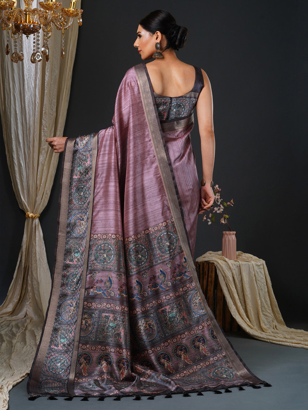 Women's Mysore Silk Violet Printed Designer Saree With Blouse Piece