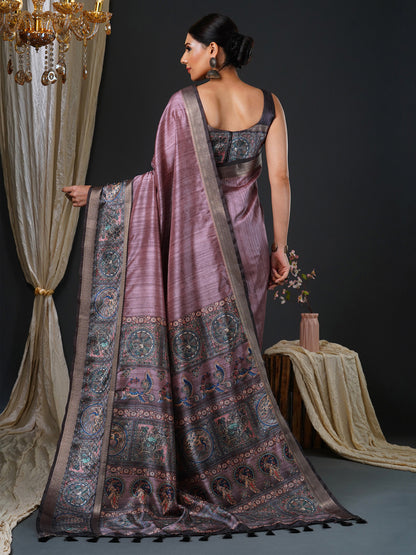 Women's Mysore Silk Violet Printed Designer Saree With Blouse Piece