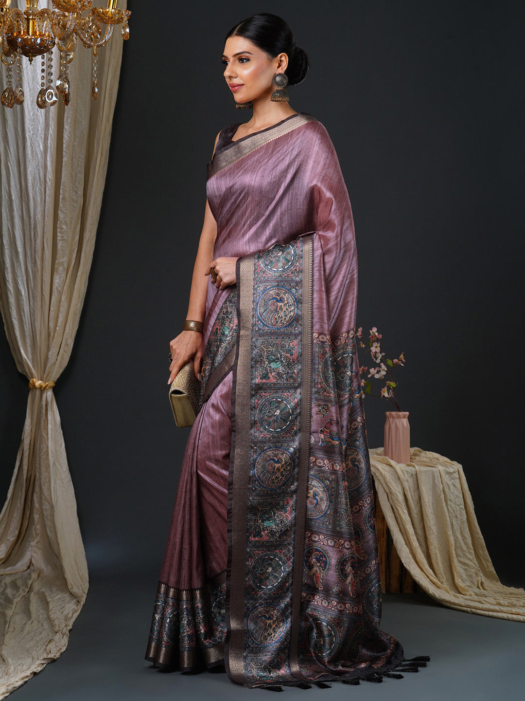 Women's Mysore Silk Violet Printed Designer Saree With Blouse Piece