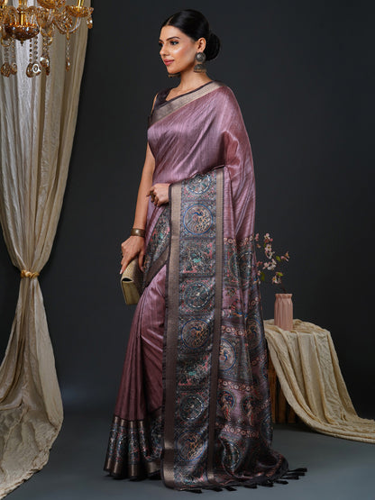 Women's Mysore Silk Violet Printed Designer Saree With Blouse Piece
