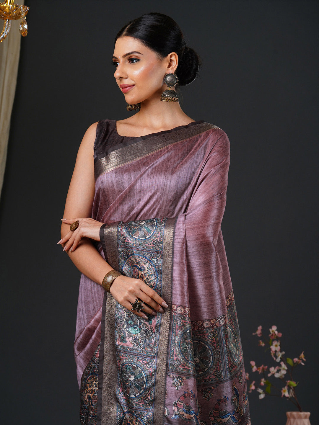 Women's Mysore Silk Violet Printed Designer Saree With Blouse Piece