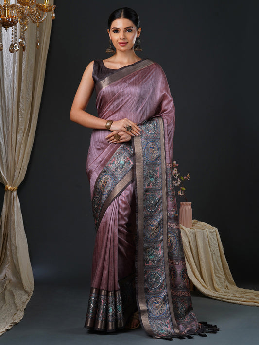 Women's Mysore Silk Violet Printed Designer Saree With Blouse Piece