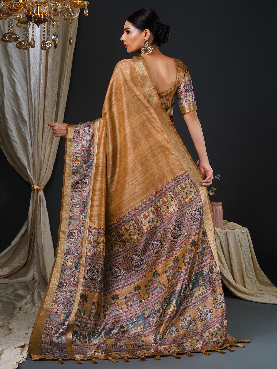 Women's Mysore Silk Camel Brown Printed Designer Saree With Blouse Piece
