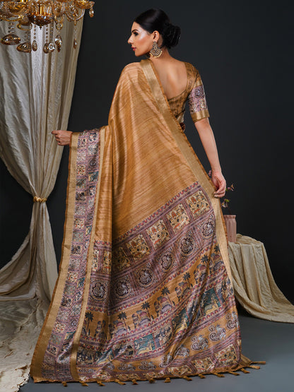 Women's Mysore Silk Camel Brown Printed Designer Saree With Blouse Piece