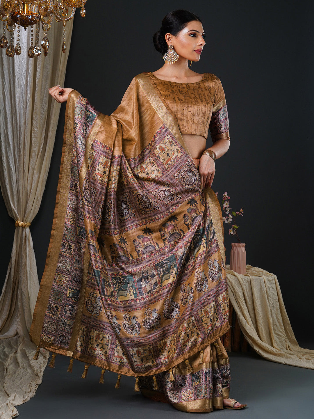 Women's Mysore Silk Camel Brown Printed Designer Saree With Blouse Piece