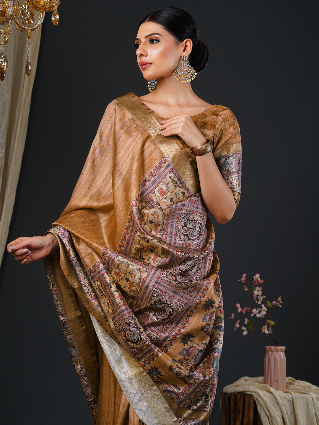 Women's Mysore Silk Camel Brown Printed Designer Saree With Blouse Piece