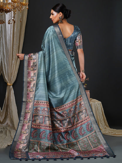 Women's Mysore Silk Grey Printed Designer Saree With Blouse Piece