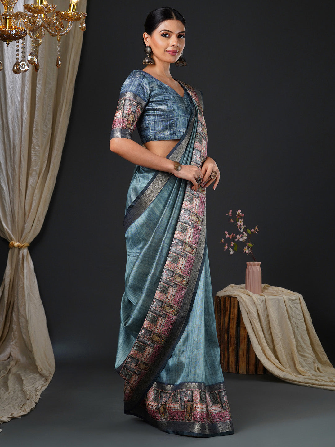 Women's Mysore Silk Grey Printed Designer Saree With Blouse Piece