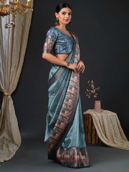 Women's Mysore Silk Grey Printed Designer Saree With Blouse Piece