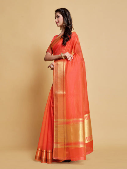 Dhiyona GR Women's Siya Peach Orange Solid Zari Design Organza Saree