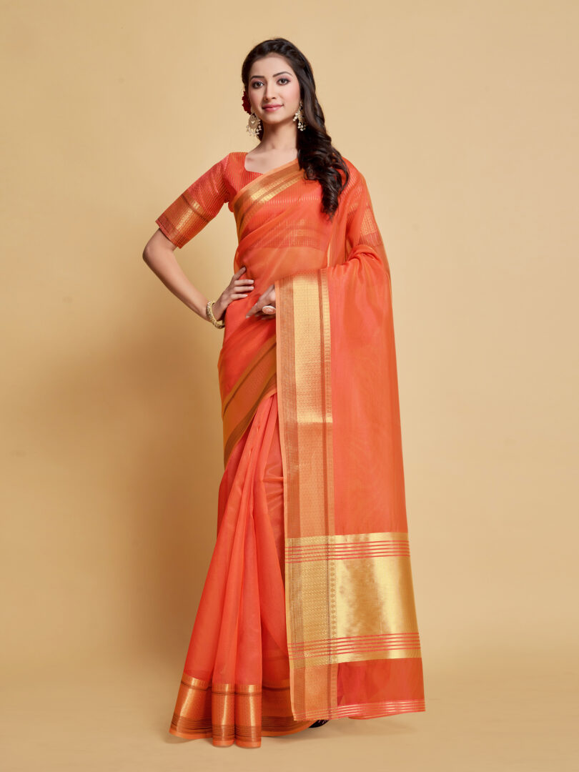 Dhiyona GR Women's Siya Peach Orange Solid Zari Design Organza Saree