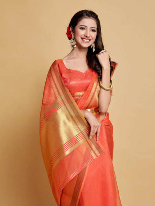 Dhiyona GR Women's Siya Peach Orange Solid Zari Design Organza Saree