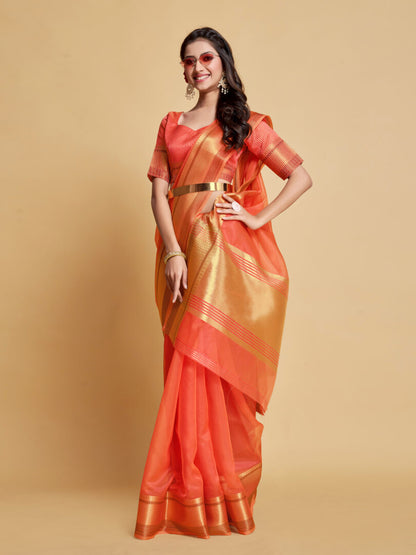 Dhiyona GR Women's Siya Peach Orange Solid Zari Design Organza Saree