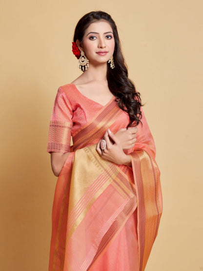Dhiyona GR Women's Siya Salmon Pink Solid Zari Design Organza Saree
