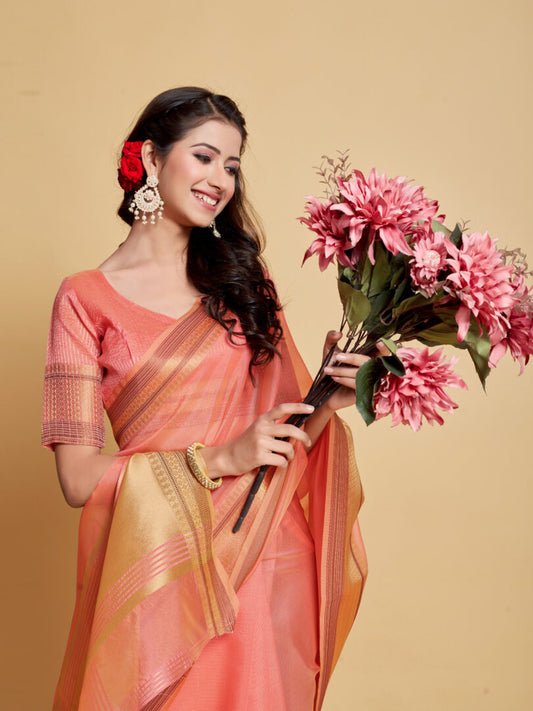 Dhiyona GR Women's Siya Salmon Pink Solid Zari Design Organza Saree