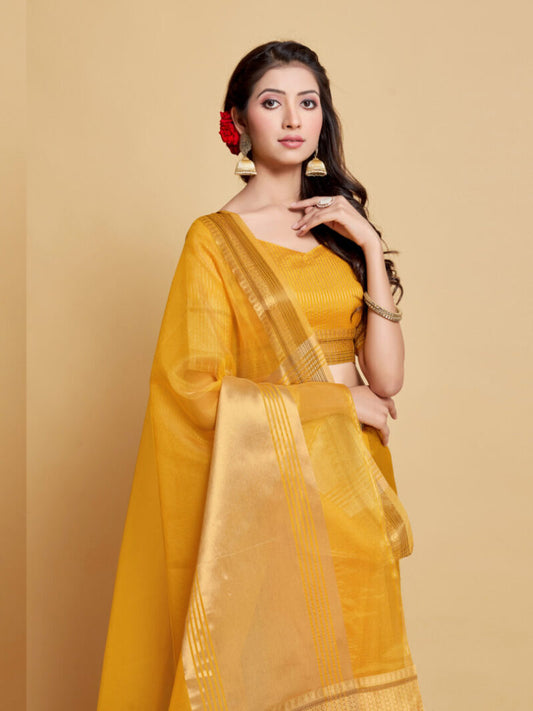 Dhiyona GR Women's Siya Butterscotch Yellow Solid Zari Design Organza Saree