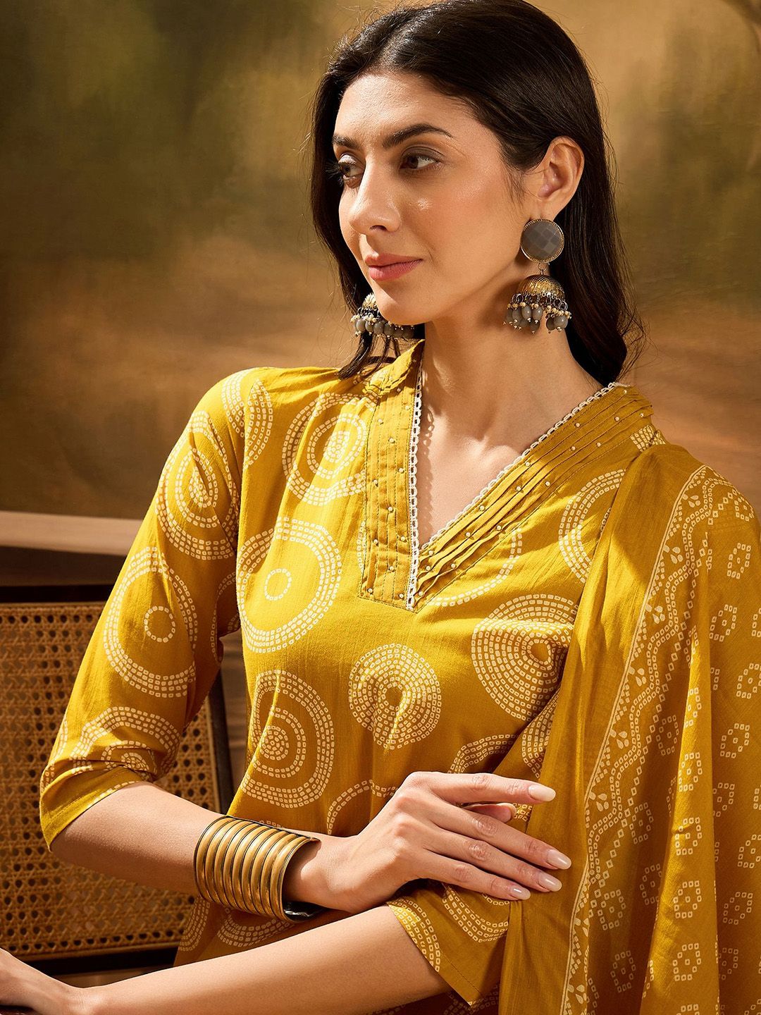 Dhiyona SN Women's Bandhani Printed Pure Cotton Straight Kurta With Trousers & Dupatta Set
