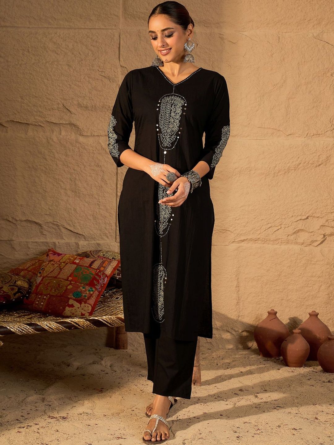 Women Ethnic Motifs Embroidered Cotton Kurta with Trousers & Dupatta