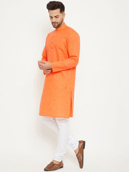 Men's Orange Cotton Blend Straight Kurta Pyjama Set