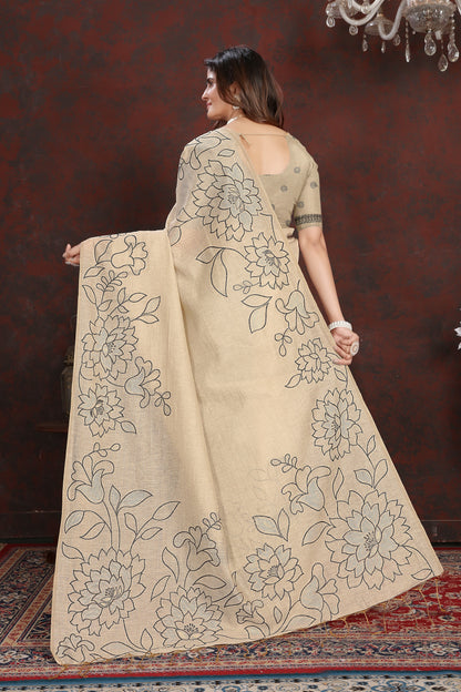 Dhiyona GR Women's Sketch Beige & Black Pure Mul Cotton Jamdani Saree
