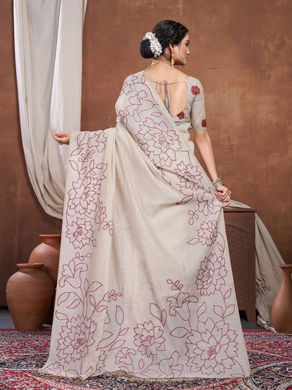 Dhiyona GR Women's Sketch Beige & Wine Pure Mul Cotton Jamdani Saree