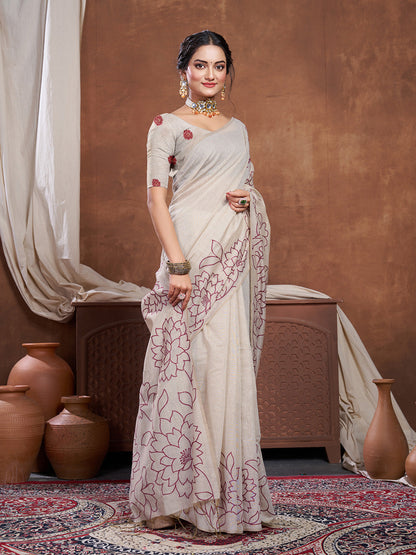 Dhiyona GR Women's Sketch Beige & Wine Pure Mul Cotton Jamdani Saree