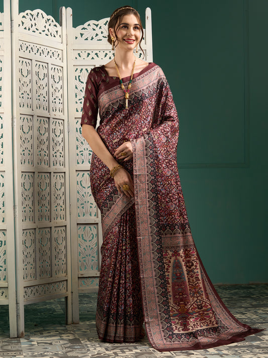 Women's Manipuri Silk Maroon Digital Print Designer Saree With Blouse Piece