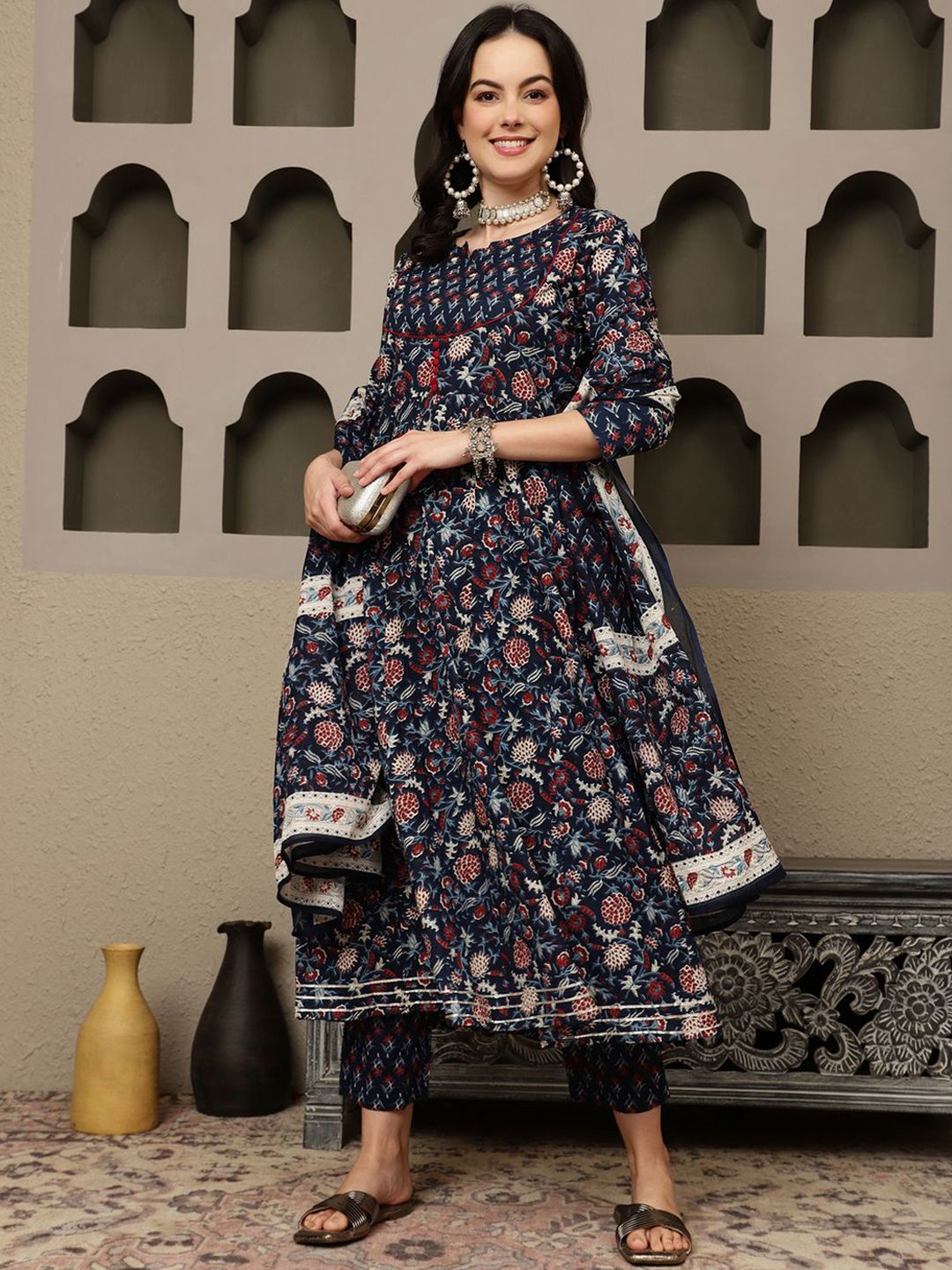 Dhiyona SN Women's Navy Blue Floral Printed Pure Cotton Anarkali Kurta With Trousers & Dupatta