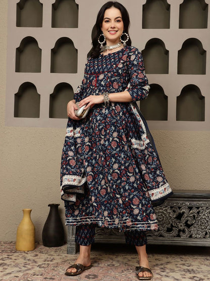 Dhiyona SN Women's Navy Blue Floral Printed Pure Cotton Anarkali Kurta With Trousers & Dupatta