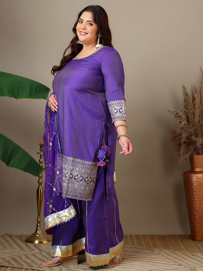 Dhiyona IN Women Plus Size Ethnic Motifs Embroidered Kurta with Sharara & Dupatta