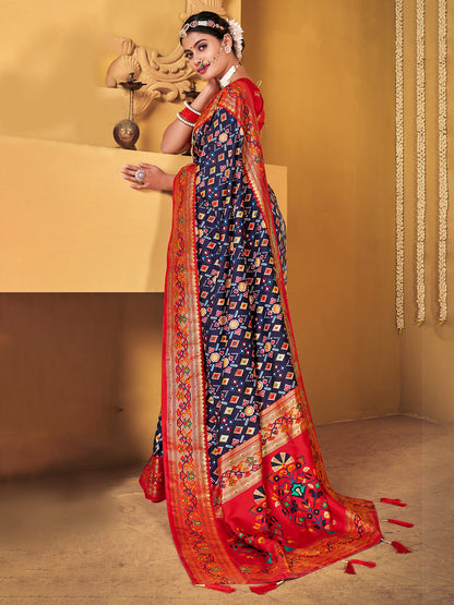 Women's Silk Blend Navy Blue Woven Design Designer Saree With Blouse Piece