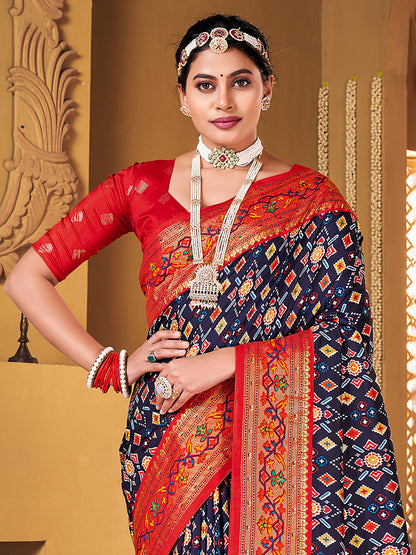 Women's Silk Blend Navy Blue Woven Design Designer Saree With Blouse Piece