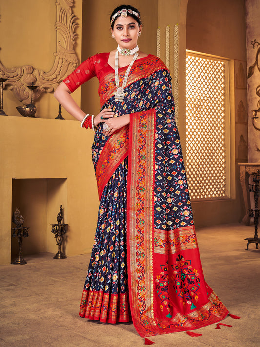 Women's Silk Blend Navy Blue Woven Design Designer Saree With Blouse Piece