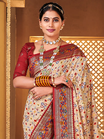 Women's Silk Blend Cream Woven Design Designer Saree With Blouse Piece