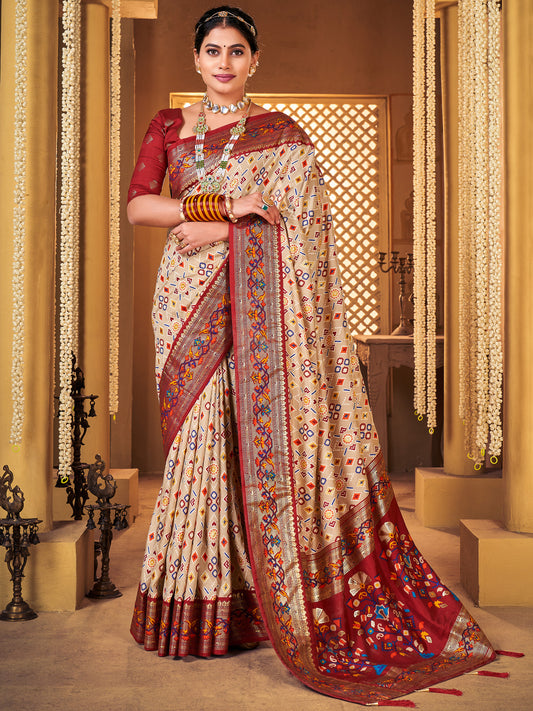 Women's Silk Blend Cream Woven Design Designer Saree With Blouse Piece