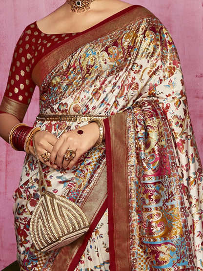 Women's Tussar Silk Cream Printed Designer Saree With Blouse Piece