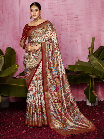 Women's Tussar Silk Cream Printed Designer Saree With Blouse Piece